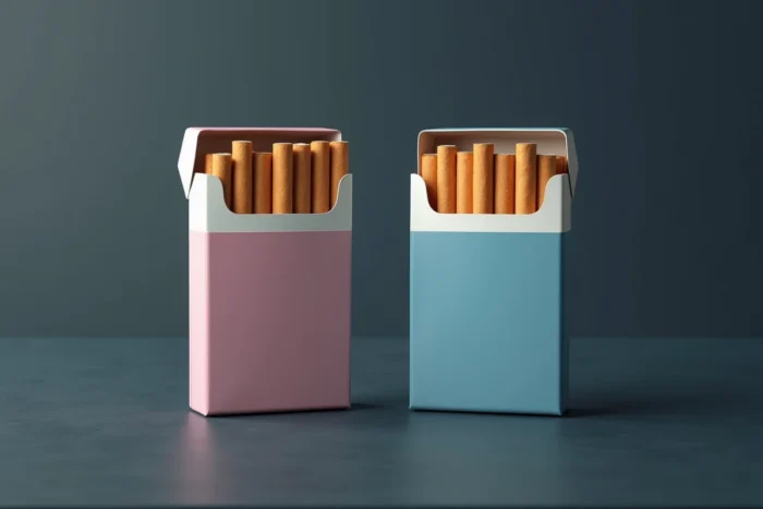 Paquets ouverts de cigarettes Vogue pastel et bleue posés sur ardoise grise, cigarettes partiellement sorties montrant les filtres, vue en perspective 3/4