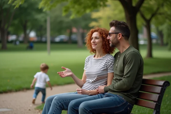 Deux parents discutant sereinement sur un banc de parc pendant que leur enfant joue à proximité