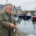 Pêcheur breton en marinière sur le quai du port de Douarnenez, avec des bateaux colorés et des maisons en pierre en arrière-plan
