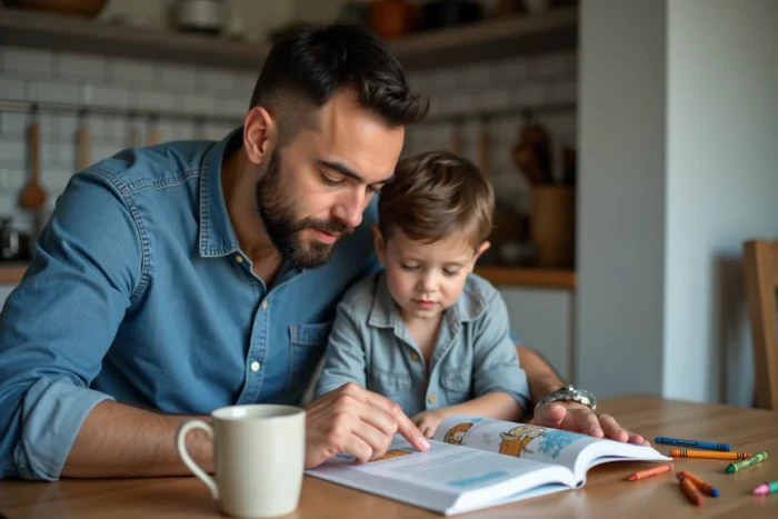 Père lisant un livre illustré avec son enfant attablé dans une cuisine familiale du quotidien