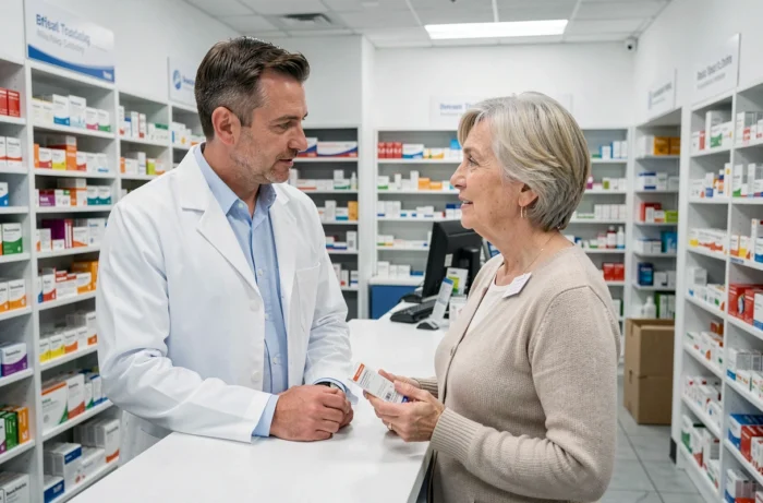 Pharmacien expliquant les effets secondaires d'Oxelio Protect à une patiente dans une pharmacie moderne