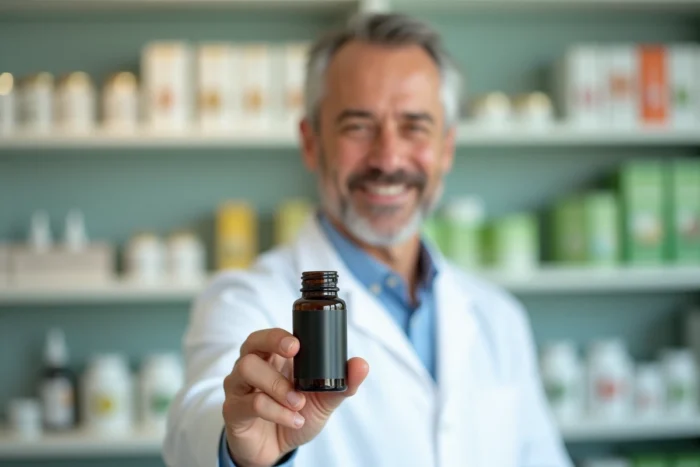 Pharmacien présentant un flacon de Phytargile concentré en officine, conseil professionnel sur les délais d'action