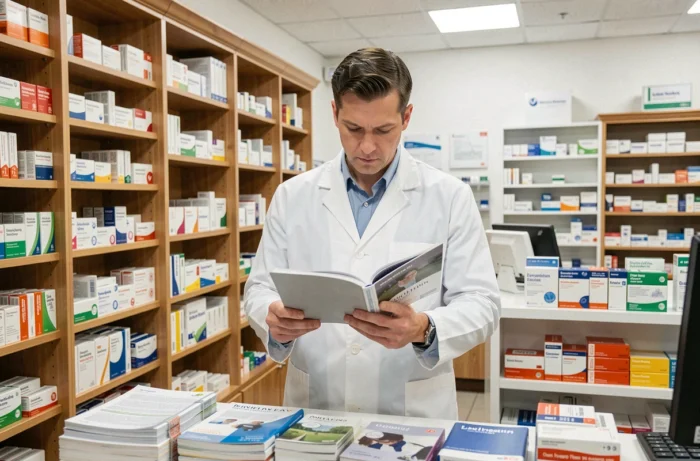 Pharmacien lisant une revue pharmaceutique professionnelle derrière le comptoir d'une pharmacie