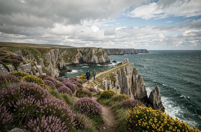 Paysage sauvage de la Pointe du Raz en Finistère avec des falaises de granit, une lande de bruyère et deux randonneurs sur le sentier côtier