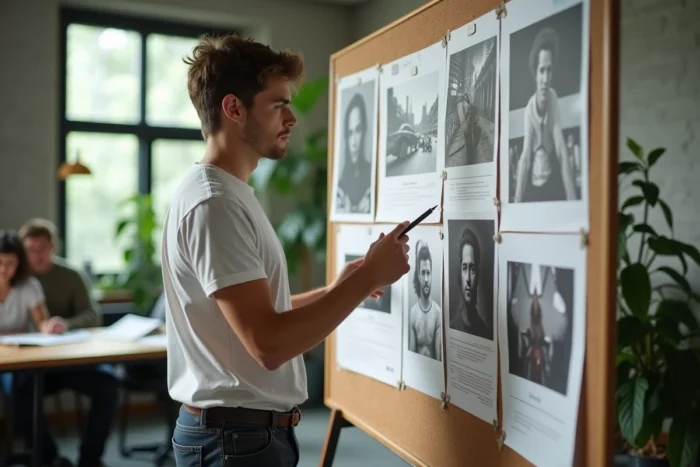 Étudiant en effets spéciaux présentant son portfolio visuel avec des renders 3D épinglés sur un tableau de présentation