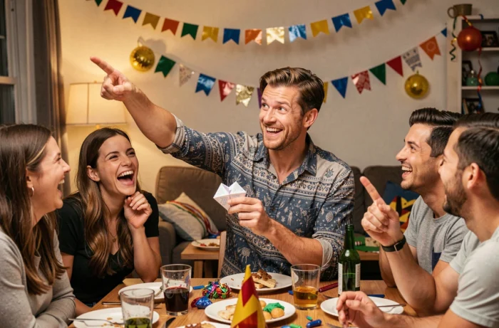 Homme livrant une prédiction loufoque pour l'année à venir en gesticulant avec une cocotte en papier à la main lors d'une fête