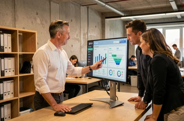 Commercial B2B présentant des indicateurs de performance et un entonnoir de vente sur écran à son équipe en open space
