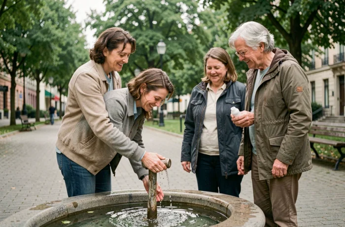 Groupe de personnes pratiquant des gestes de prévention santé dans un parc urbain