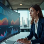 Professionnelle analysant des tableaux de bord digitaux sur grand écran dans un bureau moderne