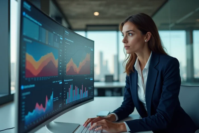 Professionnelle analysant des tableaux de bord digitaux sur grand écran dans un bureau moderne