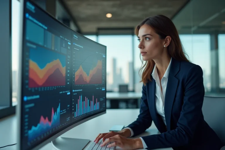 Professionnelle analysant des tableaux de bord digitaux sur grand écran dans un bureau moderne