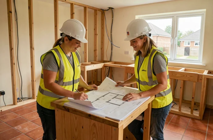 Deux professionnelles de la rénovation examinant des plans architecturaux dans une cuisine en travaux
