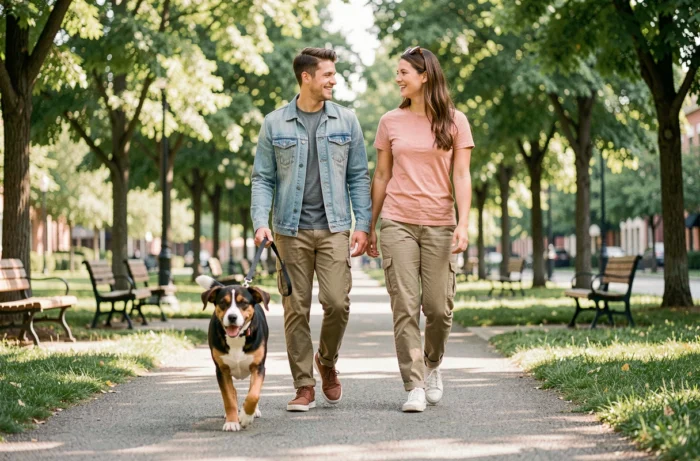 Couple promenant leur chien en laisse dans un parc urbain verdoyant, activité physique et bien-être animal en plein air