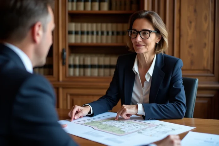 Propriétaire examinant un plan de division parcellaire avec un notaire dans une étude notariale