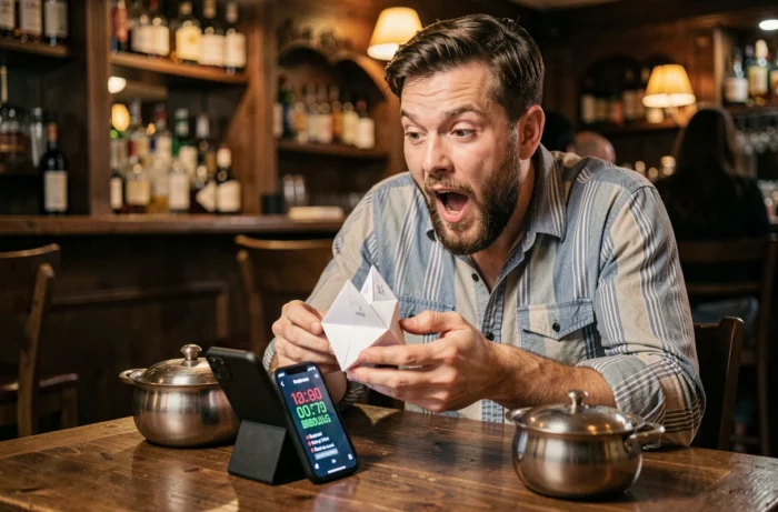 Homme répondant à une question brise-glace chronométrée en tenant une cocotte en papier, chronomètre visible sur un smartphone