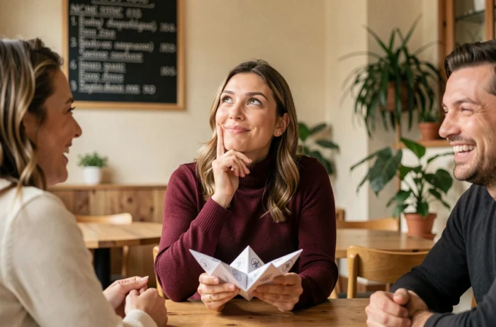 Femme en contemplation exagérée lisant une question philosophique absurde extraite d'une cocotte en papier lors d'une soirée