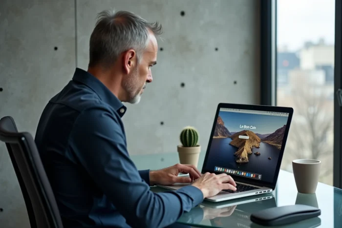 Homme créant un raccourci Le Bon Coin sur le bureau d'un MacBook dans un appartement moderne