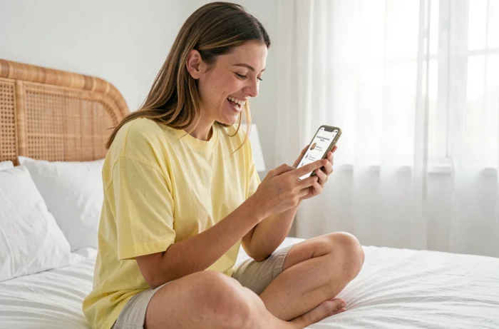 Jeune femme riant en tenant son téléphone affichant un faux QCM humoristique en réponse à un message