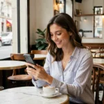 Jeune femme souriante dans un café parisien en train de rédiger une réponse humoristique sur son téléphone