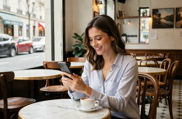 Jeune femme souriante dans un café parisien en train de rédiger une réponse humoristique sur son téléphone