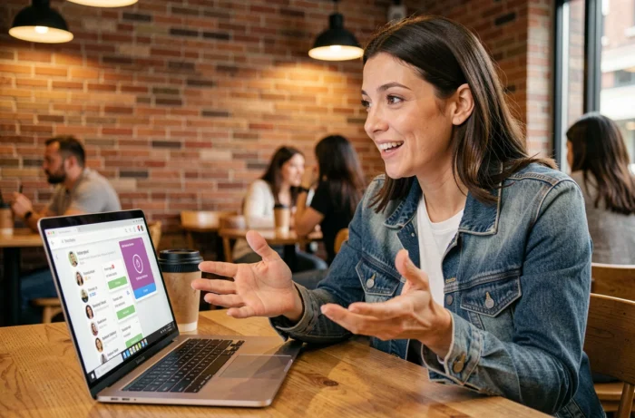 Femme gesticulant avec expression amusée devant son ordinateur affichant une appli de rencontre dans un café