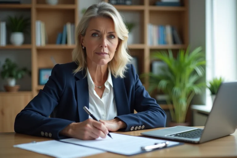Une professionnelle examine attentivement un contrat immobilier avant de le résilier légalement