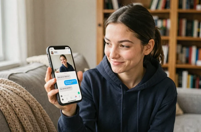 Jeune femme souriant avec satisfaction en montrant son téléphone affichant un retournement miroir du message 'Salut toi'
