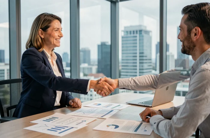 Poignée de main entre deux professionnels lors d'une réunion commerciale B2B en salle de conférence moderne