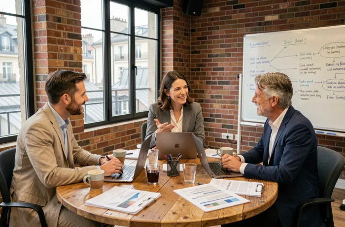 Réunion d'équipe dans un espace de coworking à Lyon avec des professionnels discutant de stratégie commerciale