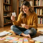Jeune femme révisant l'orthographe de façon ludique avec des fiches colorées sur le sol d'un salon chaleureux
