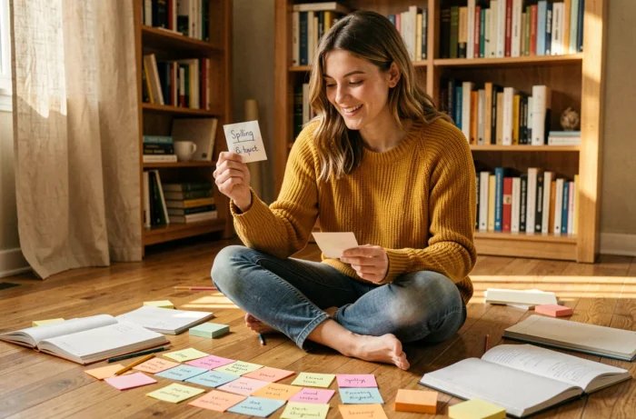 Jeune femme révisant l'orthographe de façon ludique avec des fiches colorées sur le sol d'un salon chaleureux