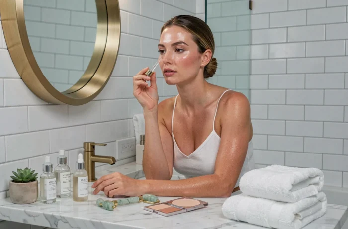 Femme appliquant sa routine beauté avec des soins de qualité sur un plan de travail en marbre dans une salle de bain moderne