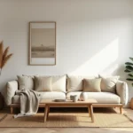 Salon scandinave minimaliste avec canapé en lin, table basse en chêne et décoration végétale tendance