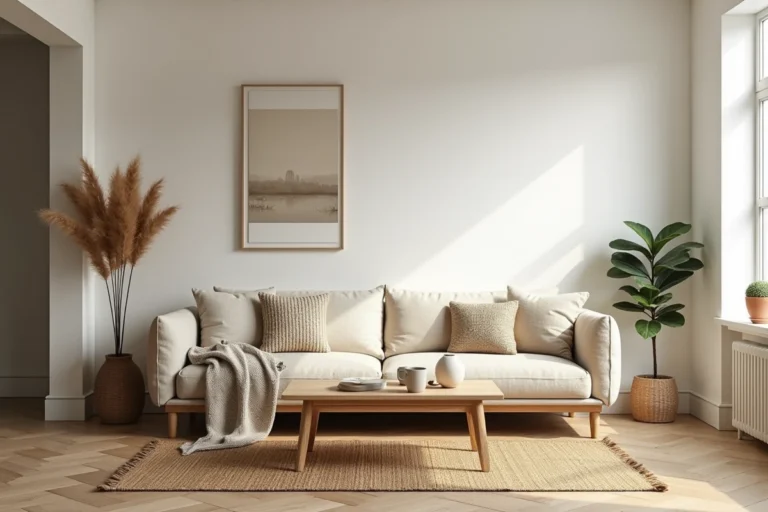 Salon scandinave minimaliste avec canapé en lin, table basse en chêne et décoration végétale tendance