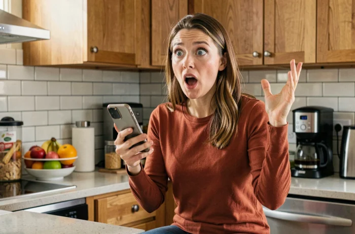 Femme assise sur un comptoir de cuisine avec une expression dramatique théâtrale inventant un scénario catastrophe
