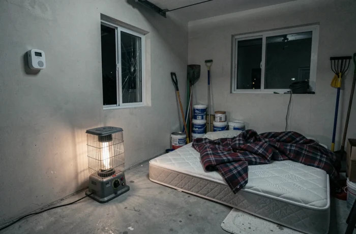 Intérieur de garage la nuit avec détecteur de monoxyde de carbone, chauffage portable et espace de couchage improvisé