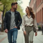 Un jeune homme et une jeune femme riant ensemble dans une rue animée, illustrant une relation amicale et complice après un tournage de film