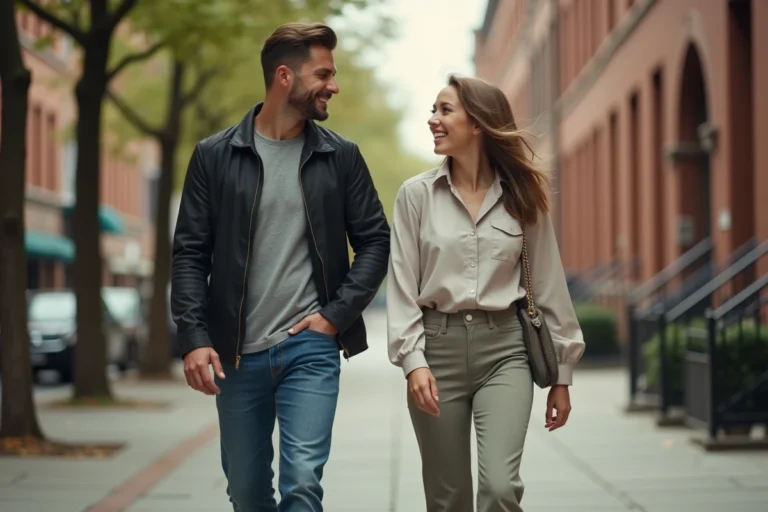 Un jeune homme et une jeune femme riant ensemble dans une rue animée, illustrant une relation amicale et complice après un tournage de film