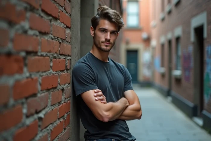 Un jeune acteur posant décontracté contre un mur en briques, illustration d'un portrait éditorial évoquant la personnalité d'un acteur de film romantique culte