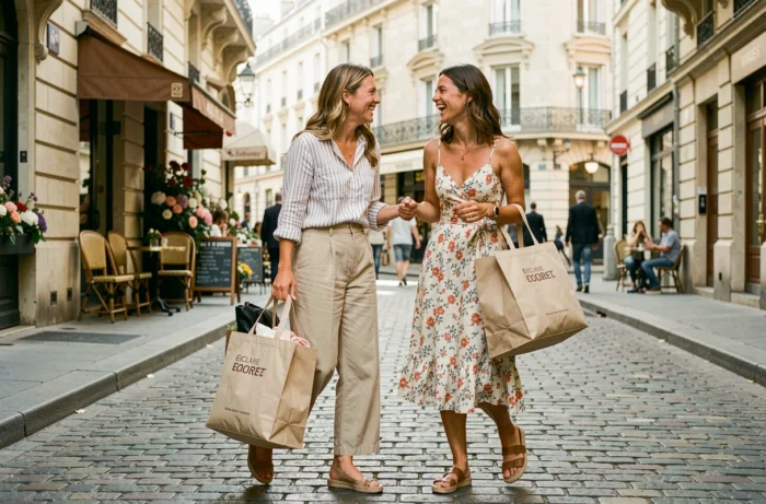 Deux amies faisant du shopping dans une rue pavée française, portant des sacs tote écologiques remplis de vêtements tendance