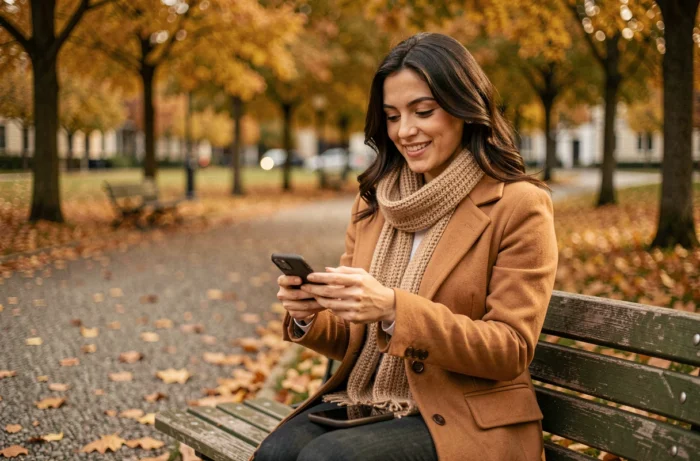 Femme sur un banc de parc en automne dans un silence stratégique avant de reprendre son téléphone avec un sourire décalé