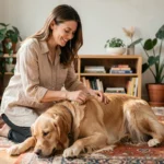 Femme qui brosse son golden retriever dans un salon chaleureux, moment de soin et de bien-être pour animal de compagnie