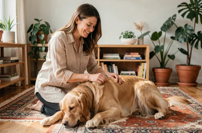 Femme qui brosse son golden retriever dans un salon chaleureux, moment de soin et de bien-être pour animal de compagnie