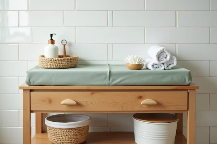 Table à langer en bois avec accessoires de soin organisés pour bébé dans une salle de bain familiale propre et fonctionnelle