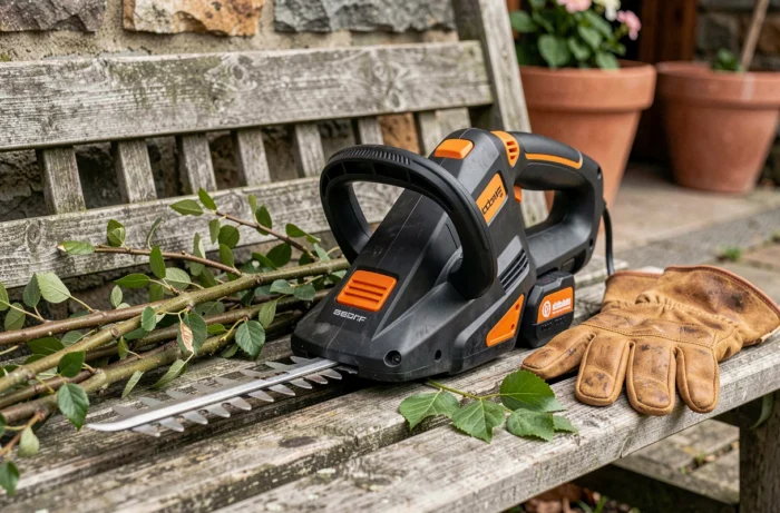 Taille-haie électrique sans fil posé sur un banc de jardin en bois avec des gants de jardinage