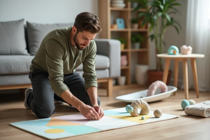 Papa arrangeant un tapis de jeu et des jouets sensoriels dans un salon familial aménagé pour le confort et l'éveil de bébé