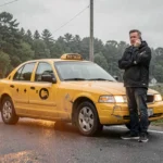 Chauffeur de taxi en panne sur le bord de la route téléphonant à son prestataire d'assistance