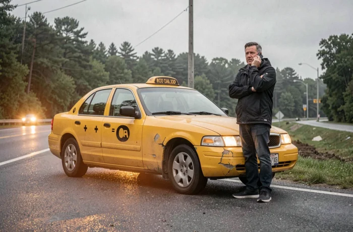 Chauffeur de taxi en panne sur le bord de la route téléphonant à son prestataire d'assistance