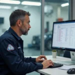 Technicien de contrôle technique consultant l'espace affilié professionnel sur un ordinateur dans un centre automobile