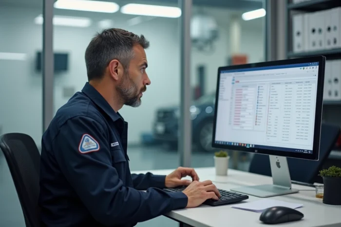 Technicien de contrôle technique consultant l'espace affilié professionnel sur un ordinateur dans un centre automobile